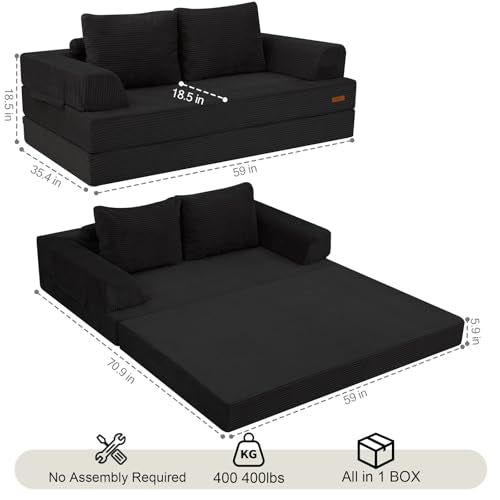 COMAX Futon Sofa Bed, Convertible Folding Sofa Bed, Boneless Couch Loveseat Corduroy with Pillows, Small Foldable Floor Couch Comfy Lounge Sleeper for Living Room Bedroom, Black COMAX