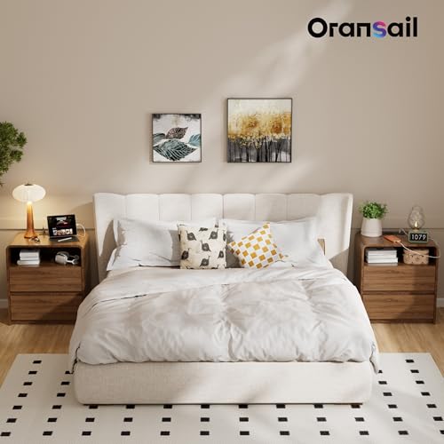 23.8" Modern Nightstand with Hidden Drawers Walnut Night Stand with Charger Station Mid Century Bedside Table Curved Wood Side Table for Bedroom Dorm Oransail