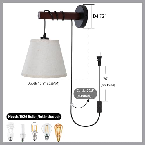 JC TOPA Plug in Wall Sconces, Bedside Wall Lamp with Wood Arm, Fabric Wall Light with On/Off Switch for Bedroom, Living Room, Farmhouse JC TOPA
