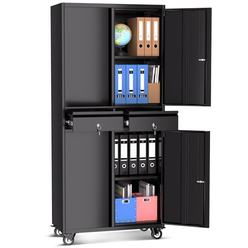 GarveeHome Garage Storage Cabinet, 73'' Metal Storage Cabinet with Wheels and Adjustable Shelves, Heavy Duty Storage Cabinet with Locking Doors and 2 Drawers for Office and Garage, Black GarveeHome