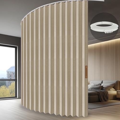 JILRON Accordion Folding Room Partition with Ceiling Track - Retractable Room Divider Curtain, Effortless Setup(Beige 100" W x 84" L-Pack of 1) Jilron
