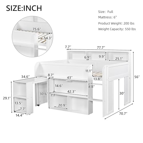 Merax Low Loft Bed with Pull-Out Desk, Full Size Loft Bed with 8 Storage Shelves and Lights, Wooden Kids Loft Bed with Safety Guardrail, Under-Bed Play Space, No Box Spring Needed, Noise-Free, White Merax