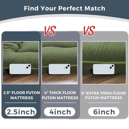 MAXYOYO 6" Extra Thick Japanese Floor Mattress Futon Mattress, Foldable Tatami Pad for Adults, Roll Up Floor Bed for Guest Room Bedroom RV, Green, Queen MAXYOYO