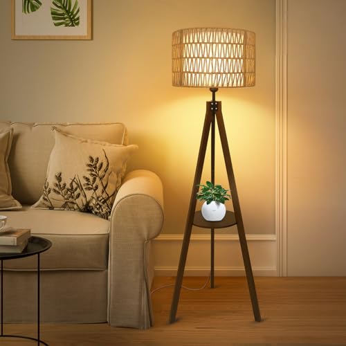 LAMSU Boho Tripod Floor Lamp with Shelves, Mid Century Wood Standing Lamp with Rattan & Fabric Shades, ON/Off Foot Switch, Modern Farmhouse Tall Floor Lamps for Living Room Bedroom Office LAMSU