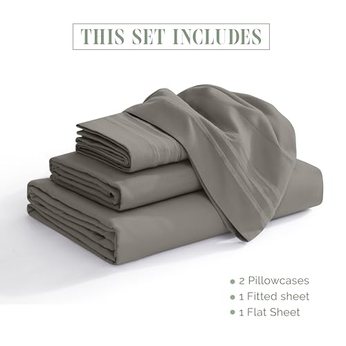 Elegant Comfort Luxurious 1500 Premium Hotel Quality Microfiber Three Line Embroidered Softest 4-Piece Bed Sheet Set, Wrinkle and Fade Resistant, Twin/Twin XL, Gray Elegant Comfort