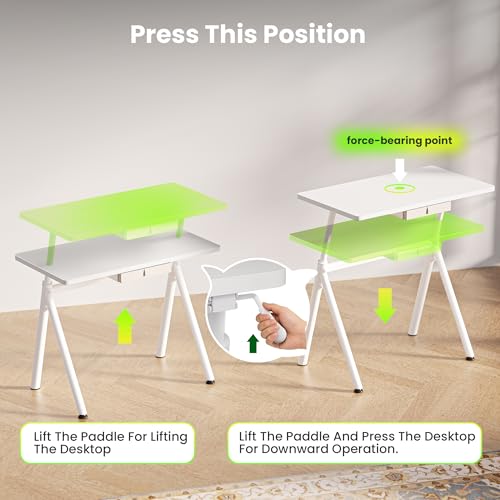 WALKINGDESK Standing Desk, 4-Leg Pneumatic Adjustable Desk for Walking Pad Treadmill - Stable No Wobble Fixed Frame, 32” Computer Desk with Fabric Drawer for Home Office, Gaming Desk, White WALKINGDESK