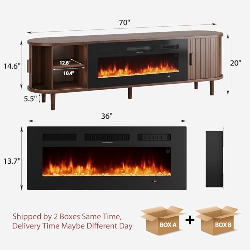 OneBlis 70" Mid Century Modern TV Stand with Fireplace, Fluted Fireplace TV Stand, Entertainment Center with Sliding Door, TV Console with Solid Wood Legs for Living Room, Walnut OneBlis