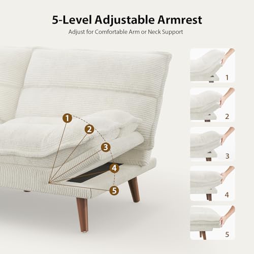 Pipishell Futon Sofa Bed, Convertible Futon Adjustable Backrest & Armrests, Corduroy Sleeper Couch for Small Spaces, Living Room, Office, Guest Room (Pearl White, 66 Inch) Pipishell
