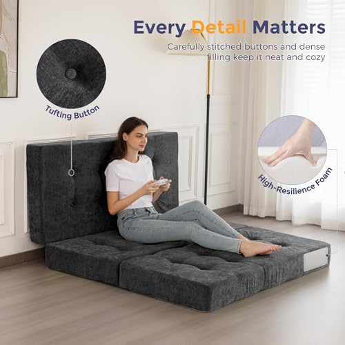 MAXYOYO Tri-Fold Mattress, 6 Inch Tufted Folding Mattress with Chenille Fabric, Portable Twin Size Floor Guest Mat for Adults, Foldable Topper for Camping, Dark Grey, 35.4"x75" MAXYOYO