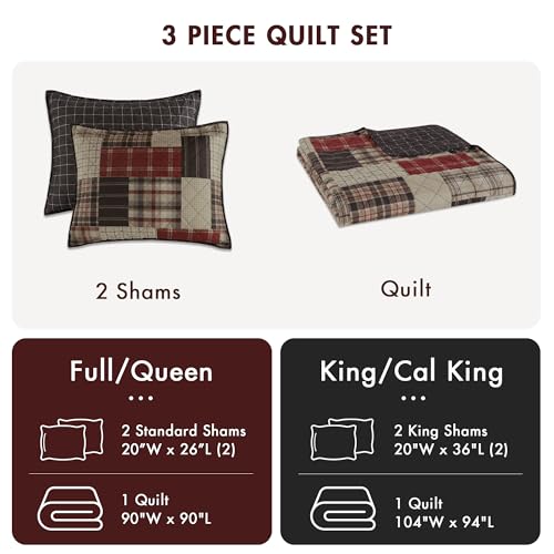 Madison Park King Quilt Set Patchwork Farmhouse, Diamond Quilting Reversible Coverlet Set for King Size Bed, Plush Cotton Filled Quilt Set King Size, Shams King/Cal King Red/Black 3 Piece Madison Park