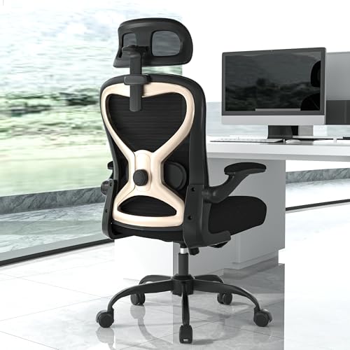 Ergonomic Office Chair, Mesh Desk Chair with Headrest, Lumbar Support, Thick Seat Cushion, Flip-up Arms, High Back Computer Task Chairs for Home Office (English, Black/Gold) CASASIO