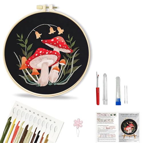 Huacan Embroidery Kit for Beginners Adults Includes Stamped Flower Pattern, Hoop, Color Threads,Tools,Easy to Follow Instruction (Mushroom)