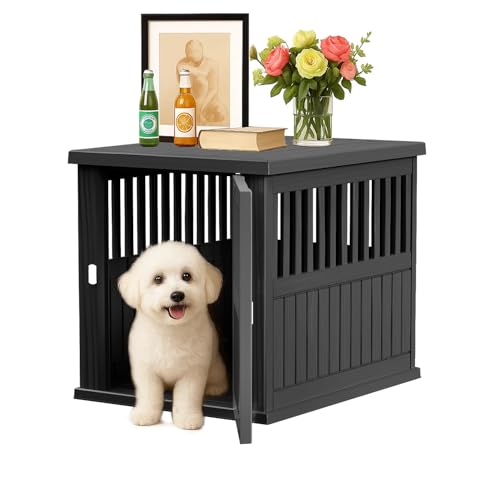 KFY 30 INCH Small Dog Crate Furniture Lockable Dog Kennel Indoor Dog Cage Plastic Pet Cage End Table for Small/Medium Dogs, Black KFY