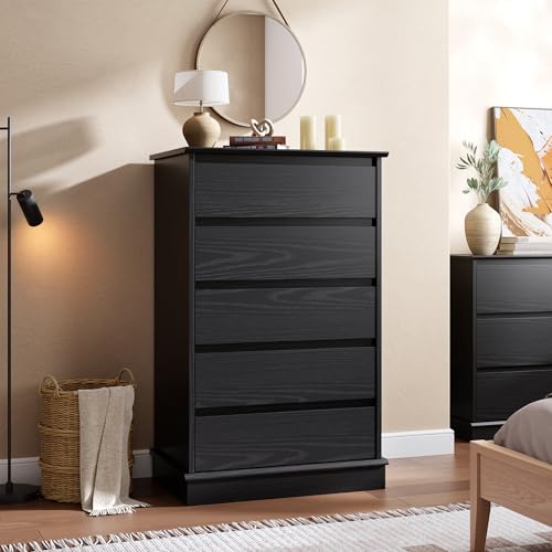 GarveeHome 5 Drawer Dressers for Bedroom, Chest of Drawers with Deep Drawers, Large Double Dresser for Closet with Wide Top, Tall Wooden Dresser for Living Room, Hallway, Kids Room, Black GarveeHome