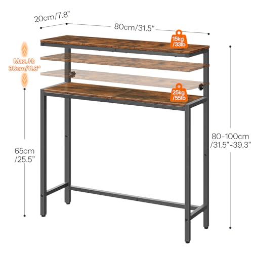 HOOBRO Narrow Console Table with Adjustable Height (31.5"-37.4"), High Entryway Table, Skinny Behind Couch Table with 2 Tier Shelf, Sofa Table for Hallway, Livingroom, Rustic Brown and Black BF96XG01 HOOBRO