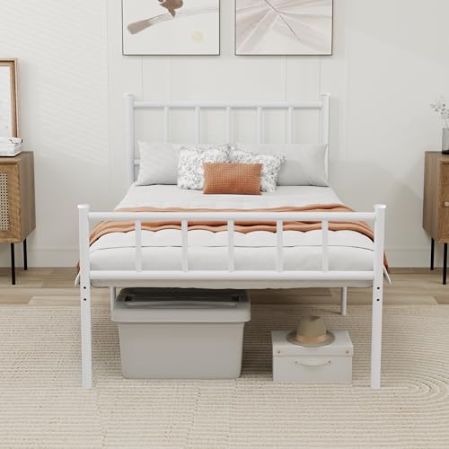 WJORATA Metal Platform Twin Bed Frame with Headboard Sturdy Steel Slats Support No Box Spring Needed Easy Assembly White WJORATA