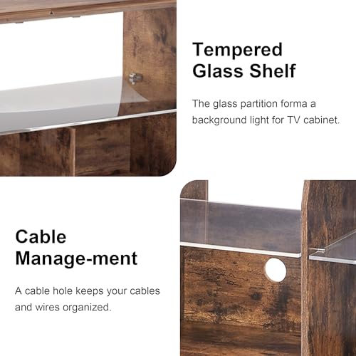 VECELO LED TV Stand with Lights & Power Outlet for 65 inch Gaming Entertainment Center with 7 Open Storage Shelves, Industrial Television Cabinet for Living Room, Bedroom, Retro Brown, 65inch VECELO