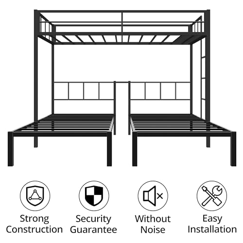 TURRIDU Metal Triple Bunk Bed for 3, Twin Over Twin Over Twin Bunk Beds with Built-in Ladders, Separates into 3 Twin Beds for Teens, Adults, No Box Spring Needed, Black TURRIDU