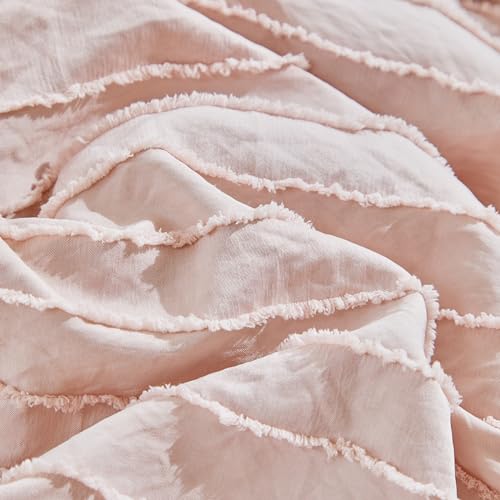 3 Pieces Tufted Stripes Crib Bedding Set with Ruffle Fringe, Pink Ruffled Comforter with Fitted Sheet and Bed Skirt , Soft and Embroidery Shabby Chic Boho Bohemian Jacquard Design for Baby Girls Boys Flysheep