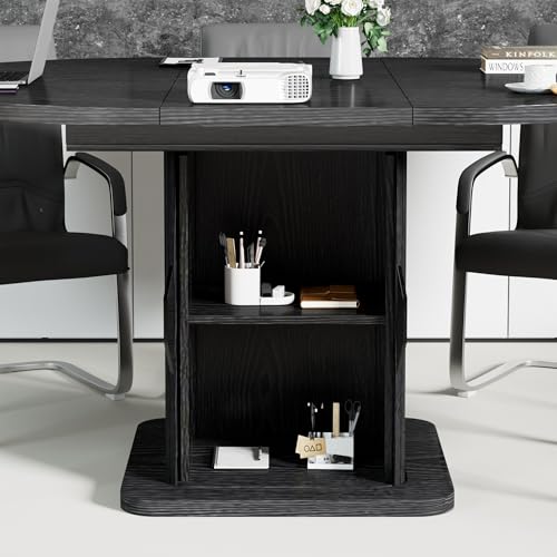 Extendable Black Round Conference Table for 4-8 People, 43in-59in Modern Oval Meeting Room Table with Storage, Fluted Wood Slide Doors, Small Compact, Office, Training, Conference Room Jluomei