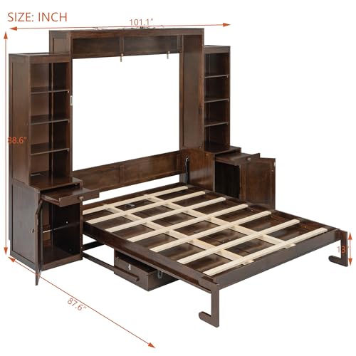XD Designs Farmhouse Wall Murphy Bed Queen Size with Desk & Drawers, Can be Folded Solid Wood Murphy Cabinet Bedframe with Cabinets & Bookshelf, Space-Saving Design (Espresso-K18) XD Designs