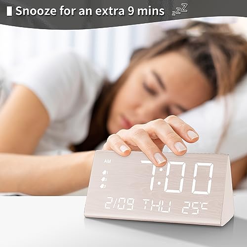 JALL Digital Alarm Clock, with Wooden Electronic LED Time Display, 3 Alarm Settings, Weekday/Weekend Mode, Temperature Detect, Wood Made Electric Clocks for Office, Bedroom, Bedside JALL