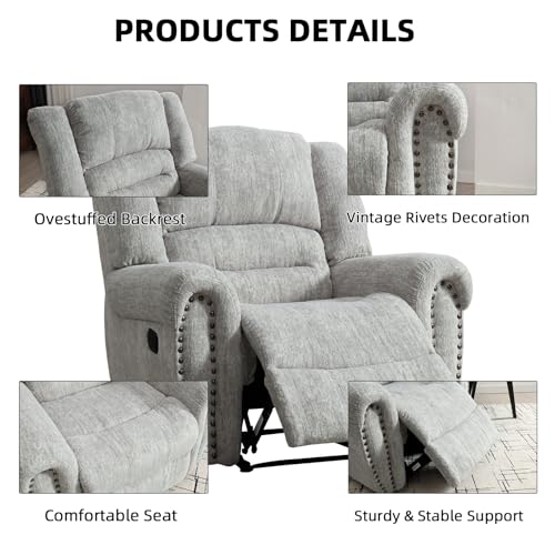 CANMOV Manual Recliner Chair, Classic and Traditional Manual Recliner Chair with Comfortable Arms and Back Single Sofa for Living Room, White Grey