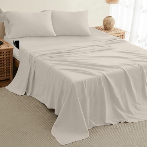 DREAMCARE King Size Sheets Set – 4 pcs Cooling Sheets – up to 21” Deep Pocket King Sheet Set – Hotel Luxury Sheets & Pillowcases – Superior Softness 100% Fine Microfiber with Side Pocket – Ivory DREAMCARE