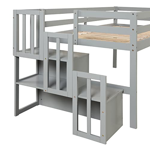 PVWIIK Twin Low Loft Bed with Staircase and Guardrail for Girls,Boys - Pinewood Frame,Grey PVWIIK