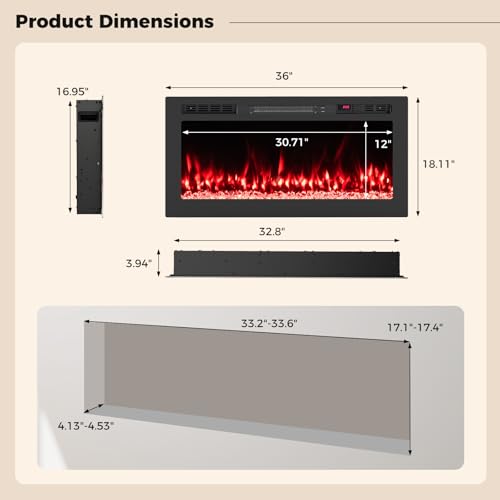 GOFLAME 36 Inch Smart WiFi Electric Fireplace, Compatible with Alexa & Google Assistant, Wall Mounted & Recessed, 750W/1500W Heater with Remote/APP Control, 12 Flame & Ember Bed Colors, 12H Timer GOFLAME