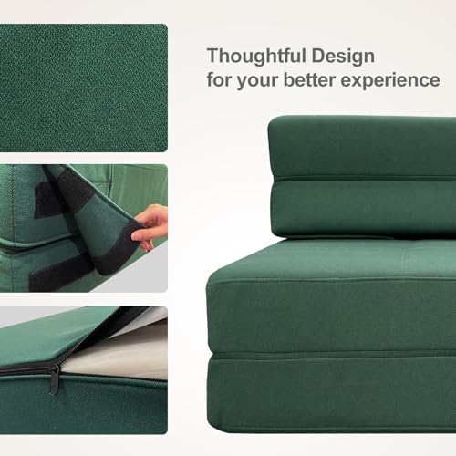 ANONER Fold Out Couch Bed Memory Foam Sleeper Chair with 2 Pillows, Queen Size Futon Couch Guest Convertible Chair Bed, Washable Cover, Dark Green ANONER