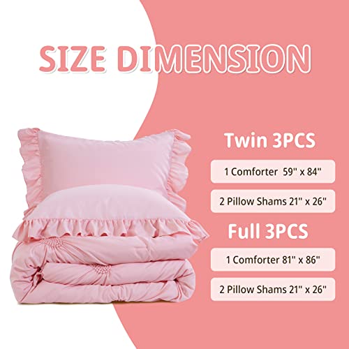 ROYALAY Pink Bedding Kids Comforter Sets for Girls Ruffle Bedding Set Full/Queen Size with 2 Pillow Shams, Blush Pinch Pleat Comforter for All Season (Pink, Full-81"x86") ROYALAY