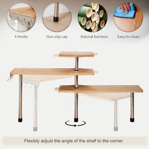 HYNAWIN 3-Tier Bamboo & Metal Corner Shelf – Stylish Space-Saving Organiser for Home and Office HYNAWIN