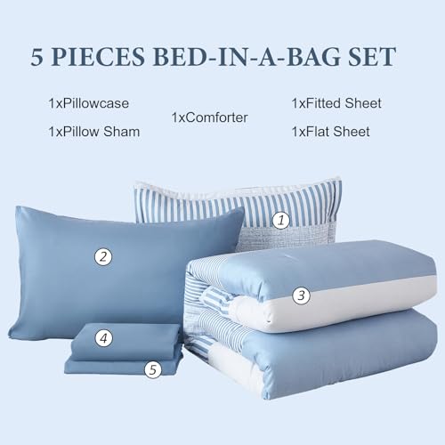 Blue Comforter Set Twin Size,Classic Striped Comforters for Boys&Girls,5 Pieces Bed in A Bag Simple Neutral-Style Bedding Sets for Kids Teen Cottolester