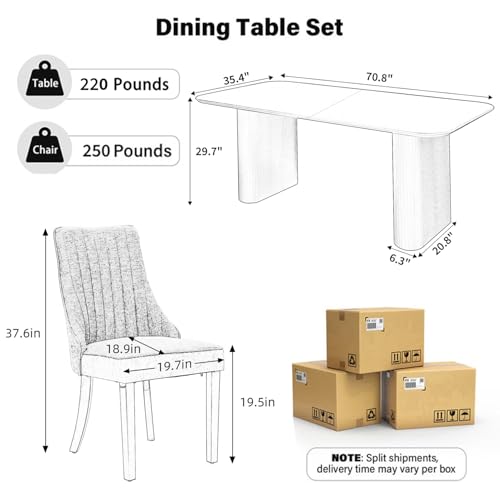RGZ Modern Oval Dining Table Set for 6, 71" White Faux Marble Kitchen Table with Ripple Legs & 6 Beige Gold Comfy Upholstered Chenille Chairs, Dinner Table Set for Office, Home, Dining Room RGZ
