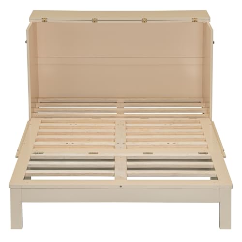 P PURLOVE Full Murphy Bed with Large Drawers, Wood Cabinet Bed with USB Port, No Box Spring Needed, Easy Assembly (Gold) P PURLOVE