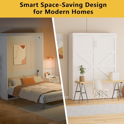 ROOMTEC Queen Size Murphy Bed with Smooth Pneumatic Lift, Space-Saving Wall Bed with Modern Cabinet Design, Easy Installation, Ideal for Guest Rooms, Home Offices, Fits 60"x80" Mattress ROOMTEC