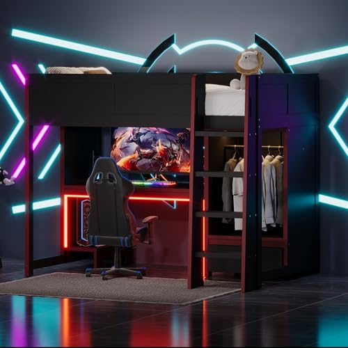 Bekeknlny Wood Gaming Bed with Built-in Desk,Wardrobe, LED and a Drawer, Twin Size Loft Bed for Kids Bedroom,No Box Spring Required Bekeknlny