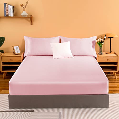 NSGZ Pink Satin Fitted Sheet Only, Silky Full Fitted Bed Sheet Soft Deep Pocket Single Bottom Bed Sheets, Wrinkle Free & Fade Resistant & Breathable Bedding Fitted Sheet Sold Separately NSGZ