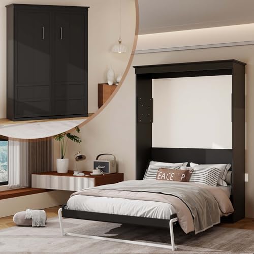 TrendTerrace Black Wood Full Size Murphy Bed: 61'' Space-Saving Wall Bed Cabinet Full for Multipurpose Area, Bedroom/Guest Room/Living Room, (Mattress Not Included) Wall Beds TrendTerrace