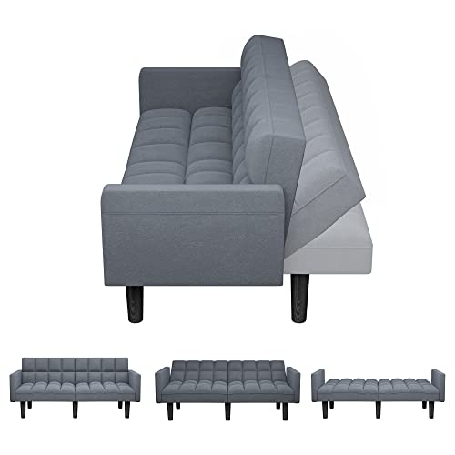 JUMMICO Modern Tuft Futon Sofa Bed Couch Convertible Loveseat Sleeper Reclining Futon Twin Size with Arms and 2 Pillows for Living Room (Blue) JUMMICO