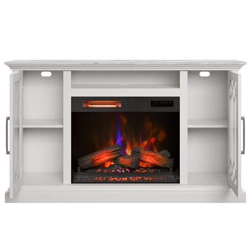 duraflame® Electric Fireplace Farmhouse Media Console for 65 Inch TVs with Glass Doors, Bright White Duraflame