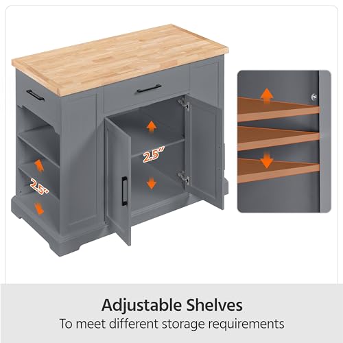 Yaheetech Rolling Kitchen Island with Thicker Rubberwood Countertop, Kitchen Cart on Hidden Wheels with 3 Drawers & Open Shelves, Storage Cabinet w/Inner Adjustable Shelves for Dining Room, Dark Gray Yaheetech