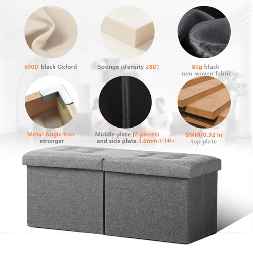 AmasSmile Storage Bench Folding Storage Ottoman Foot Rest Stool, 34 inch Grey Linen Footstool Bench, Short Ottoman Bench, Storage Foot Rest Store as Books, and Blanket Storage or Others AmasSmile