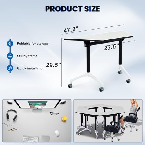 Folding Conference Room Tables,Modular Conference Table for Meeting Rooms,Mobile Portable Training Table with Locked Wheels,Flip Top Rolling Meeting Rooms Table Stackable Seminar Tables for Office Relgix