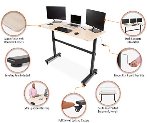 Stand Steady Tranzendesk | 55 Inch Standing Desk with Detachable Wheels | Crank Height Adjustable Sit to Stand Workstation | Modern Ergonomic Desk Supports 3 Monitors (Maple) Stand Steady