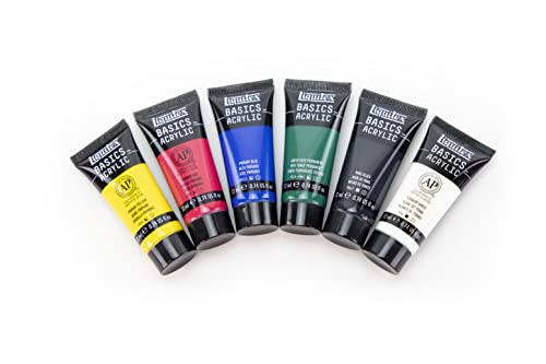 Liquitex BASICS Acrylic Paint Set, 6 x 22ml Tube Paint Set, Primary, Blue,Color Mixing,Green,White, 0.7 Fl Oz (Pack of 6) Liquitex