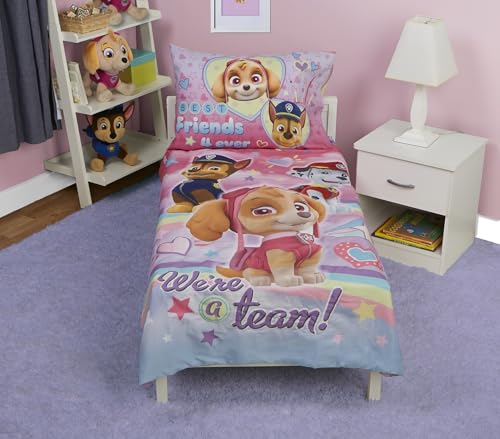 Paw Patrol Skye We're A Team 4 Piece Toddler Bedding Set - Includes Comforter, Sheet Set - Fitted + Top Sheet + Reversible Pillow Case for Girls Bed, Pink Paw Patrol