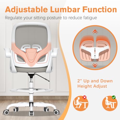 ORRSAKER Tall Drafting Chair with Lumbar Support and Footrest Ring, Supportive Tall Extended Height Ergonomic Desk Chair for Home Work, Breathable Mesh Office Chair with Flip up Arms(Gray) ORRSAKER