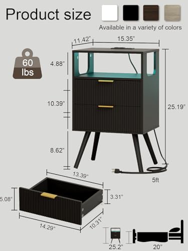 Leomonio Nightstand with Charging Station and LED Lights, Modern Bedside Table with 2 Storage Drawer and Open Wood Shelf for Bedroom and Small Spaces, Night Stand with Solid Wood Legs Leomonio